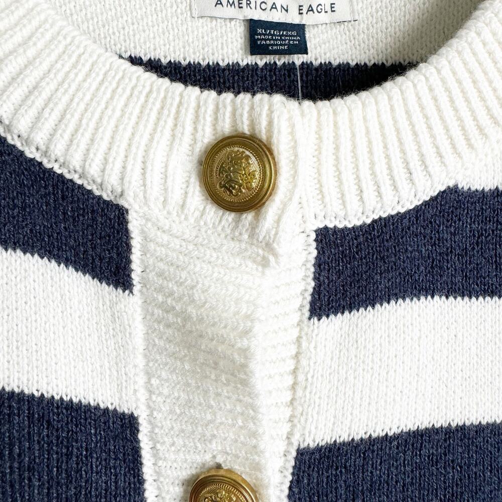 American Eagle Navy Striped Cropped Crewneck Cardigan NWT XL Preppy Nautical - Picture 8 of 15